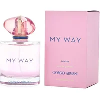 Giorgio Armani My Way Nectar Eau De Parfum 90ml, clear bottle with pink cap, next to pink box with blue text.
