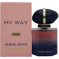 Giorgio Armani My Way Parfum, 30ml bottle with blue cap and pink box, gold accents on bottle and cap.