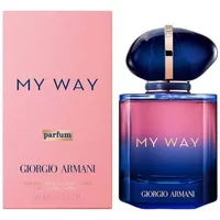 Giorgio Armani My Way Parfum 50ml, blue and pink bottle with navy cap, next to pink box.