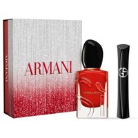 Giorgio Armani Sì Passione red perfume bottle with black cap and black mascara tube, in a silver and red gift box.