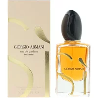 Giorgio Armani Si Intense Eau De Parfum 50ml, amber liquid in clear bottle with black cap, gold accents on box.