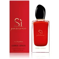 Red Giorgio Armani Si Passione Eau De Parfum bottle with black cap, next to matching red and gold box.