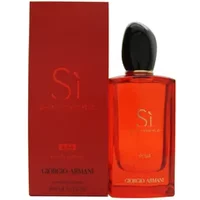 Red Giorgio Armani Si Passione Eclat Eau De Parfum bottle with black cap, next to matching red box.
