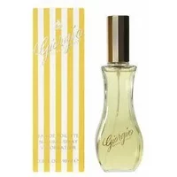 Yellow Giorgio Beverly Hills perfume bottle with gold cap, next to striped yellow and white box.