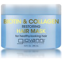 Blue jar of Giovanni Biotin & Collagen Restoring Hair Mask, gold text, 295ml capacity.