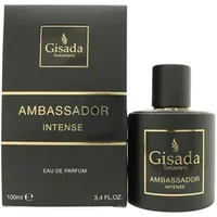Gisada Ambassador Intense Eau De Parfum 100ml, black bottle with gold accents, matching black box with gold text.