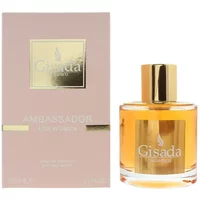 Gisada Ambassador Women Eau De Parfum 100ml, clear bottle with gold cap, pink box with gold accents.