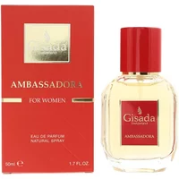 Gisada Ambassadora Eau De Parfum 50ml, clear bottle with red cap and label, next to matching red box.