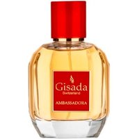 Gisada Ambassadora EDP 100 ml, clear glass bottle with red cap and label, amber liquid inside.
