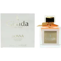 Gisada Donna Eau De Toilette 100ml, clear square bottle with gold cap, white box with gold lettering.