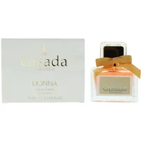 Gisada Donna Eau De Toilette 50ml, clear square bottle with gold cap and bow, next to white box with gold lettering.