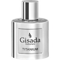 Gisada Titanium Silver EDP 50 ml bottle, sleek silver design with black logo and text, cylindrical cap.