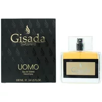 Gisada Uomo Eau De Toilette 100ml, clear rectangular bottle with black cap, gold liquid, black box with gold lettering.