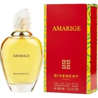 GIVENCHY Amarige Eau De Toilette 100ml, clear bottle with gold cap, next to red and yellow box.