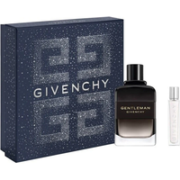 Givenchy Gentleman set with black gradient perfume bottle and white travel spray, in a navy speckled gift box.