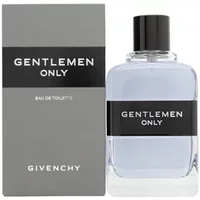 Clear glass bottle with black label, "Gentlemen Only" text, black cap, next to gray box with same branding.