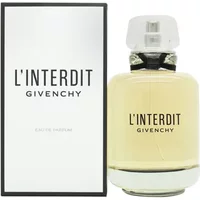 Clear glass bottle of GIVENCHY L'Interdit Eau De Parfum 125ml with black text, next to matching white box.