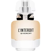 Clear glass bottle of GIVENCHY L'Interdit Eau De Parfum, 35ml, with black ribbon and silver cap.