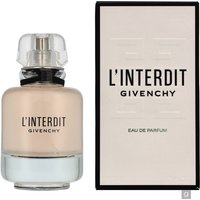 Givenchy L'Interdit Eau de Parfum 80ml, clear glass bottle with black text, silver cap, next to branded box.