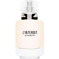Clear glass bottle of GIVENCHY L'Interdit Eau De Toilette, 80ml, with black ribbon detail and white label.
