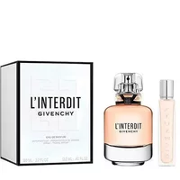 GIVENCHY L'Interdit gift set with 80ml and 12.5ml Eau De Parfum bottles, sleek black and white packaging.