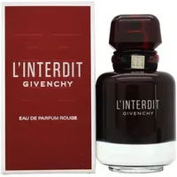 Dark red Givenchy L'Interdit Rouge Eau De Parfum bottle with black cap, next to matching red box.