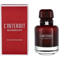 Red Givenchy L'Interdit Rouge Eau de Parfum Spray 80ml bottle with matching red box and white text.