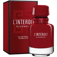 Red Givenchy L'Interdit Rouge Ultime Eau De Parfum bottle with matching box, featuring bold white text.