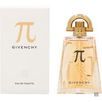 Clear glass bottle of Givenchy Pi Eau de Toilette, gold cap, with matching white box featuring the Pi symbol.