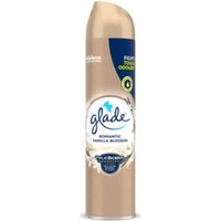 Glade Romantic Vanilla Blossom air freshener 300ml, beige can with floral design and blue logo.