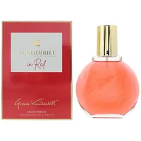 Red Gloria Vanderbilt In Red Eau De Parfum 100ml bottle with gold cap, next to matching red and gold box.