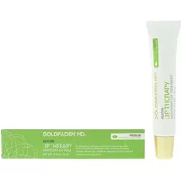 White tube of Goldfaden MD Lip Therapy with green and gold accents, next to matching green box, 15ml size.
