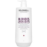Goldwell Dual Senses Blonde & Highlights Anti-Yellow Shampoo 1000ml in white pump bottle with purple text.