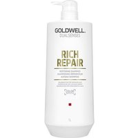 Goldwell Dual Senses Rich Repair Shampoo 1000ml, white bottle with gold text and pump dispenser.