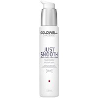 Goldwell Dualsenses Just Smooth serum in white bottle with silver pump, 100ml, sleek design with purple text.