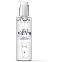 Clear bottle of Goldwell Dualsenses Just Smooth Taming Oil with pump dispenser, 100ml, white and purple label.