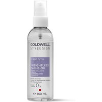 Clear bottle of Goldwell StyleSign Weightless Shine Oil, 100ml, with white pump and purple label.
