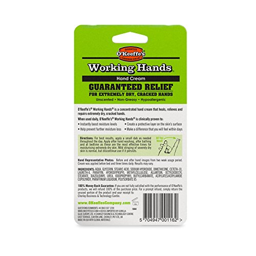 Bright green packaging with black and white text, featuring "O'Keeffe's Working Hands" prominently; contains 96g of hand cream for extremely dry, cracked hands.