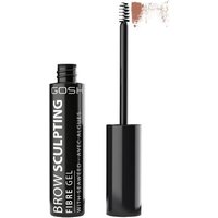 Black tube of GOSH Brow Sculpting Fibre Gel Nutmeg with wand applicator and brown gel swatch.