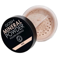 GOSH Mineral Powder 002 Ivory in black round container with sifter lid, light beige loose powder visible.