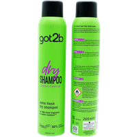 Got2b Fresh Up Dry Shampoo, 200ml, bright green can with purple text and black cap, front and back view.