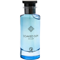 Blue glass bottle of Grandeur Unisex Soaked Sun Exclusif Eau De Parfum, black cap, minimalist design, 100 ml.
