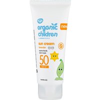White tube of Green People Organic Children Sun Cream SPF 50, lavender scent, with playful sun and leaf illustrations.