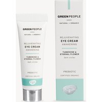 White tube of Green People Rejuvenating Eye Cream with turquoise accents, 10ml, next to matching box.