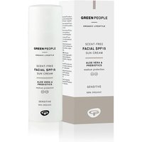White Green People Scent Free Facial Sun Cream SPF15 bottle with matching box, featuring aloe vera and prebiotics.