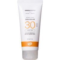 White tube of Green People scent-free SPF 30 sun lotion, 100ml, with orange accents and logo.