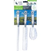 Set of 3 white cleaning brushes with grey handles, featuring different brush shapes for versatile cleaning tasks.
