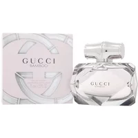 Gucci Bamboo Eau De Parfum 75ml with faceted glass bottle and silver cap, next to a pink and silver box.