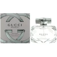 Gucci Bamboo Eau De Toilette 75ml, clear faceted bottle with silver bamboo cap, next to matching silver-accented box.