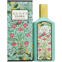 Turquoise Gucci Flora Gorgeous Jasmine perfume bottle with floral design and matching box, 100ml size.